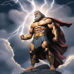 A powerful depiction of Zeus, the Greek god of thunder, standing majestically on a mountain peak