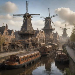 A stylized, steampunk interpretation of the Netherlands, featuring Amsterdam's canals filled with steam barges, windmills replaced by clockwork structures, and the countryside adorned with aged, bronze-and-wood machinery.