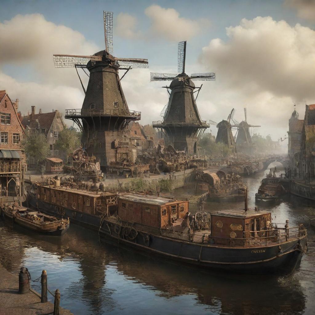 A stylized, steampunk interpretation of the Netherlands, featuring Amsterdam's canals filled with steam barges, windmills replaced by clockwork structures, and the countryside adorned with aged, bronze-and-wood machinery.