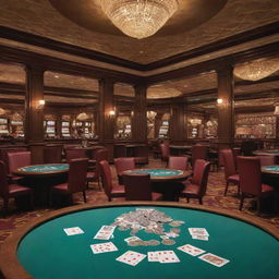 Interior of a bustling casino house with flying playing cards and coins creating a dynamic scene