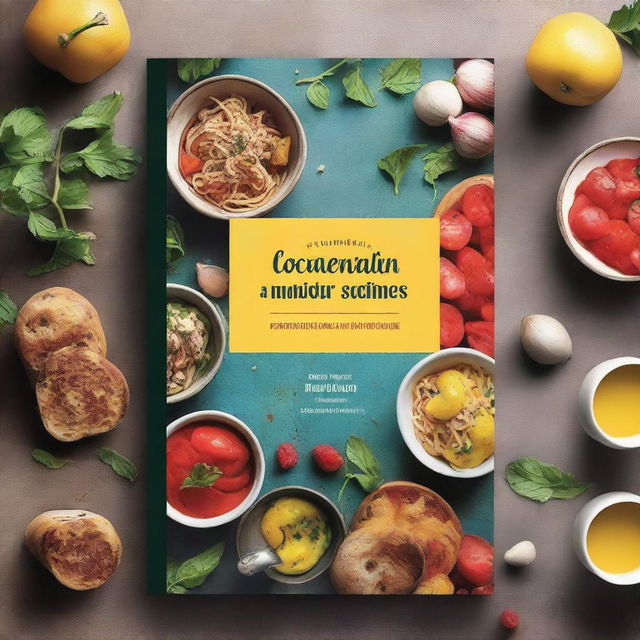 Create a book cover for a culinary book featuring vibrant and appetizing food photography