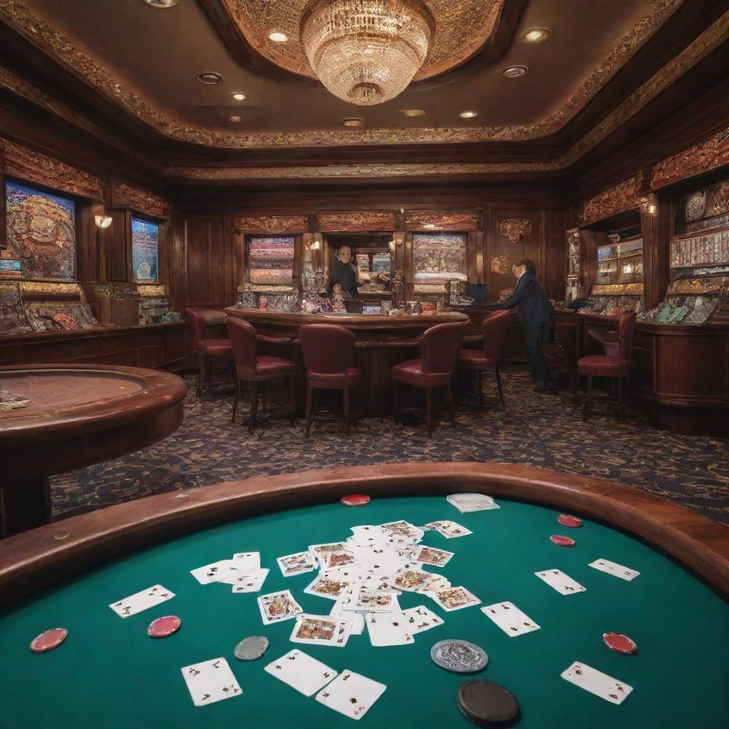 Interior of a bustling casino house with flying playing cards and coins creating a dynamic scene