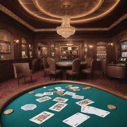 Interior of a bustling casino house with flying playing cards and coins creating a dynamic scene