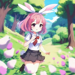 An anime-style bunny girl with pink hair, wearing a cute outfit with bunny ears and a fluffy tail