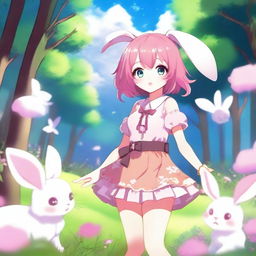 An anime-style bunny girl with pink hair, wearing a cute outfit with bunny ears and a fluffy tail