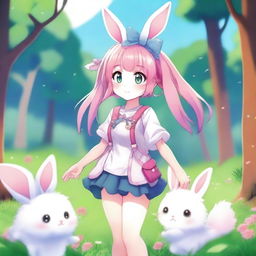 An anime-style bunny girl with pink hair, wearing a cute outfit with bunny ears and a fluffy tail