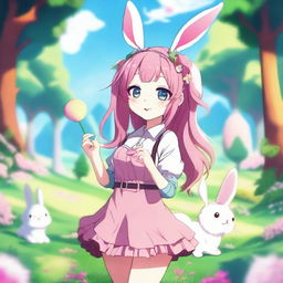 An anime-style bunny girl with pink hair, wearing a cute outfit with bunny ears and a fluffy tail