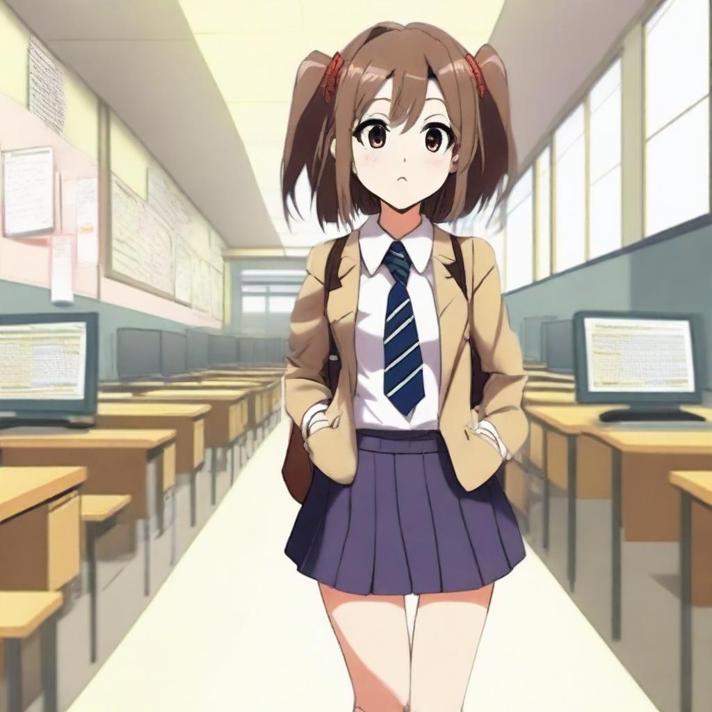 An anime-style high school girl wearing a mini skirt, a school uniform with a blazer, and a tie