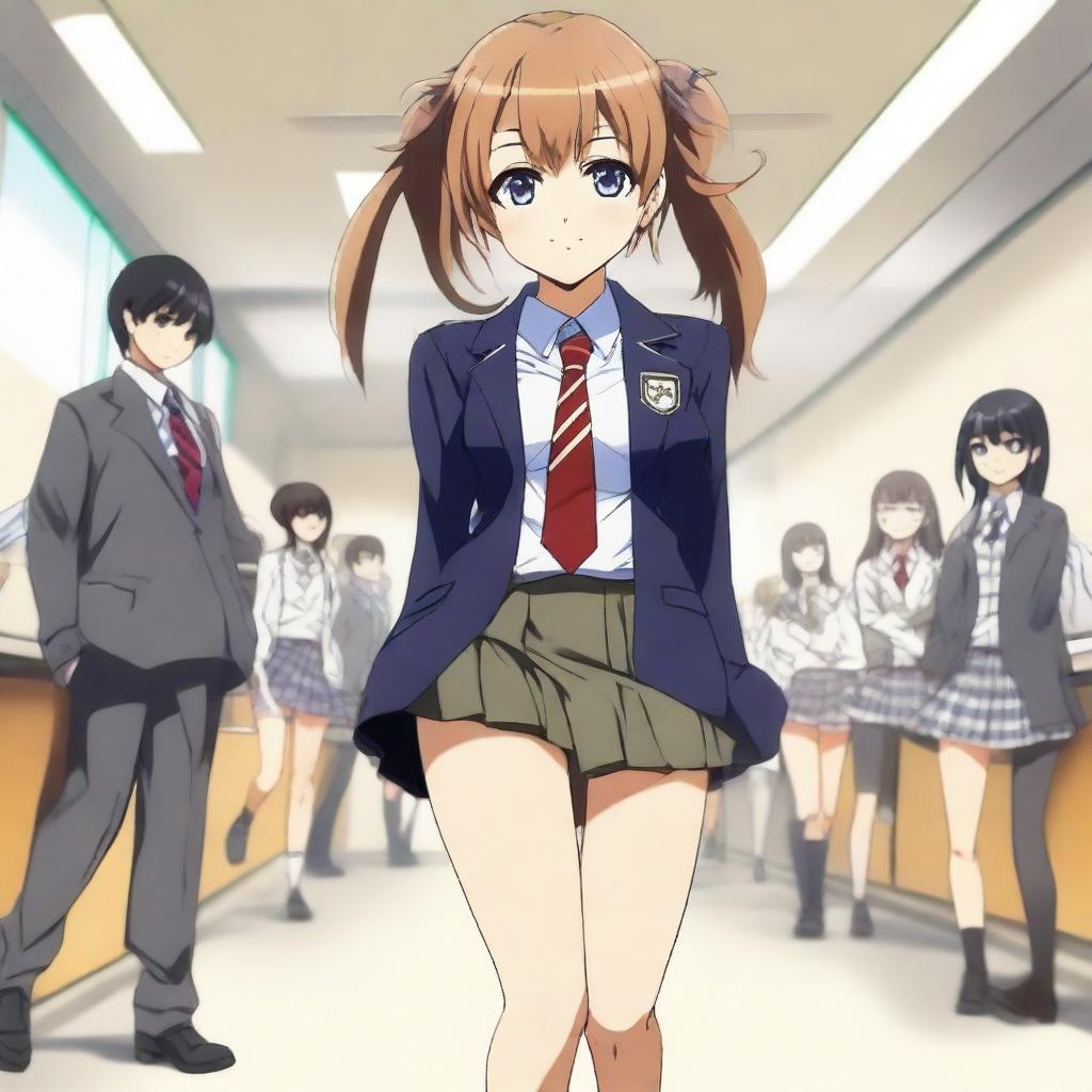 An anime-style high school girl wearing a mini skirt, a school uniform with a blazer, and a tie