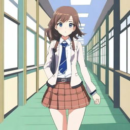 An anime-style high school girl wearing a mini skirt, a school uniform with a blazer, and a tie