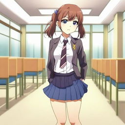 An anime-style high school girl wearing a mini skirt, a school uniform with a blazer, and a tie