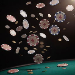 A dynamic scene of poker cards in air, surrounded by spinning, gleaming casino coins.