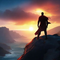 Create a vibrant and captivating movie poster featuring a heroic character standing on a cliff with a sunset in the background