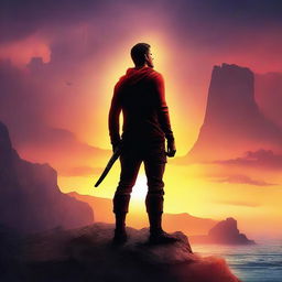 Create a vibrant and captivating movie poster featuring a heroic character standing on a cliff with a sunset in the background