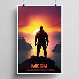 Create a vibrant and captivating movie poster featuring a heroic character standing on a cliff with a sunset in the background