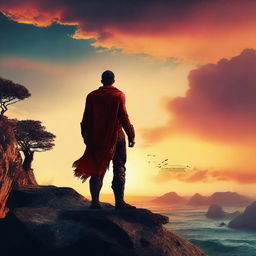 Create a vibrant and captivating movie poster featuring a heroic character standing on a cliff with a sunset in the background