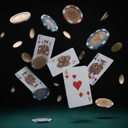 A dynamic scene of poker cards in air, surrounded by spinning, gleaming casino coins.