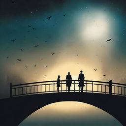 A captivating book cover featuring the silhouettes of two people walking on a bridge at night