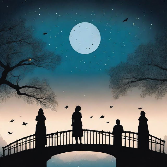 A captivating book cover featuring the silhouettes of two people walking on a bridge at night