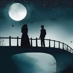 A captivating book cover featuring the silhouettes of two people walking on a bridge at night