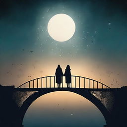 A captivating book cover featuring the silhouettes of two people walking on a bridge at night