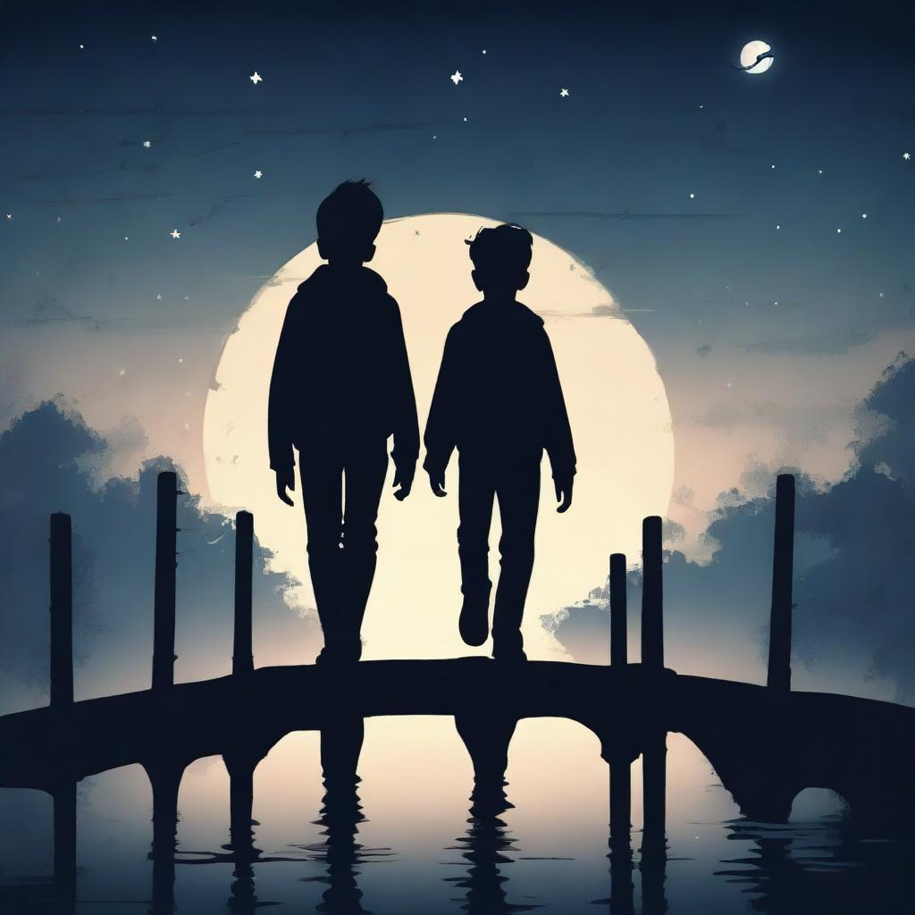 The silhouettes of two boys walking on a bridge at night