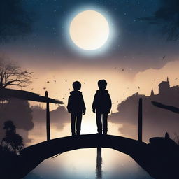 The silhouettes of two boys walking on a bridge at night