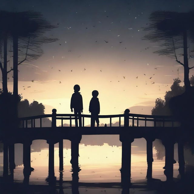 The silhouettes of two boys walking on a bridge at night