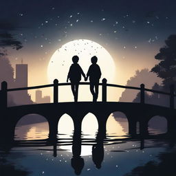 The silhouettes of two boys walking on a bridge at night