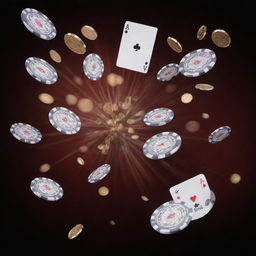 A dynamic scene of poker cards in air, surrounded by spinning, gleaming casino coins.