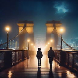 An enormous bridge with two boys walking on it during the night