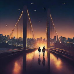 An enormous bridge with two boys walking on it during the night