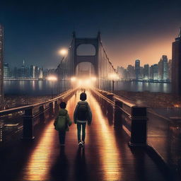 An enormous bridge with two boys walking on it during the night