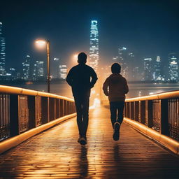 Two boys running on a bridge at night