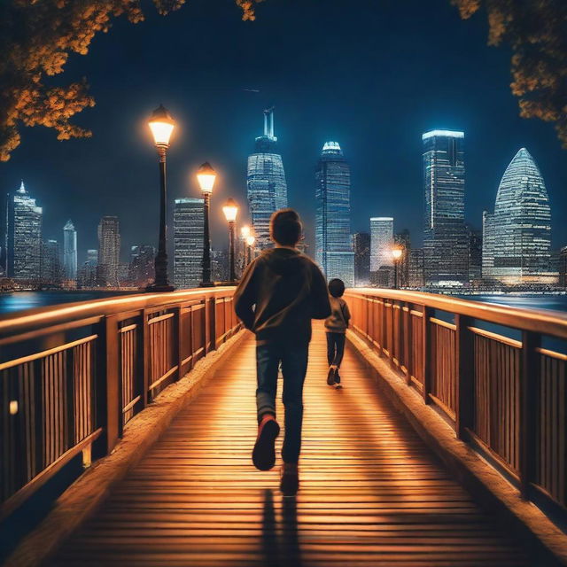 Two boys running on a bridge at night