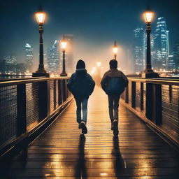 Two boys running on a bridge at night