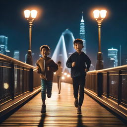 Two boys running on a bridge at night