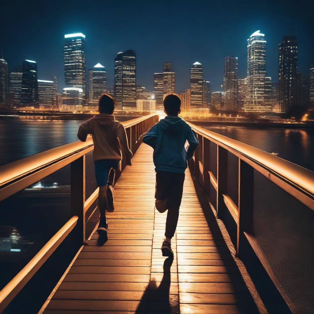 Two boys running on a bridge at night