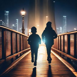 Two boys running on a bridge at night