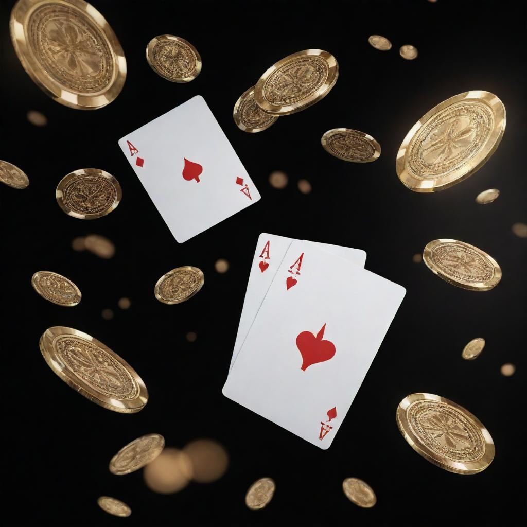 A dynamic scene of poker cards in air, surrounded by spinning, gleaming casino coins.