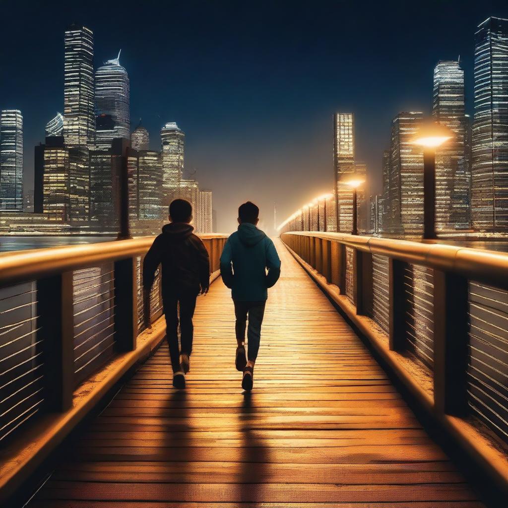 Two boys running on a bridge at night