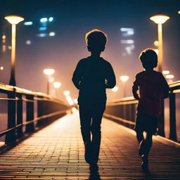 Two boys running on a bridge at night