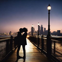 The silhouette of two young people embracing and kissing on a bridge at night