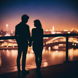 The silhouette of two young people embracing and kissing on a bridge at night