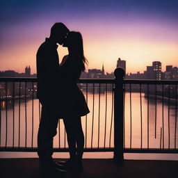 The silhouette of two young people embracing and kissing on a bridge at night