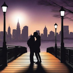 The silhouette of two young people embracing and kissing on a bridge at night