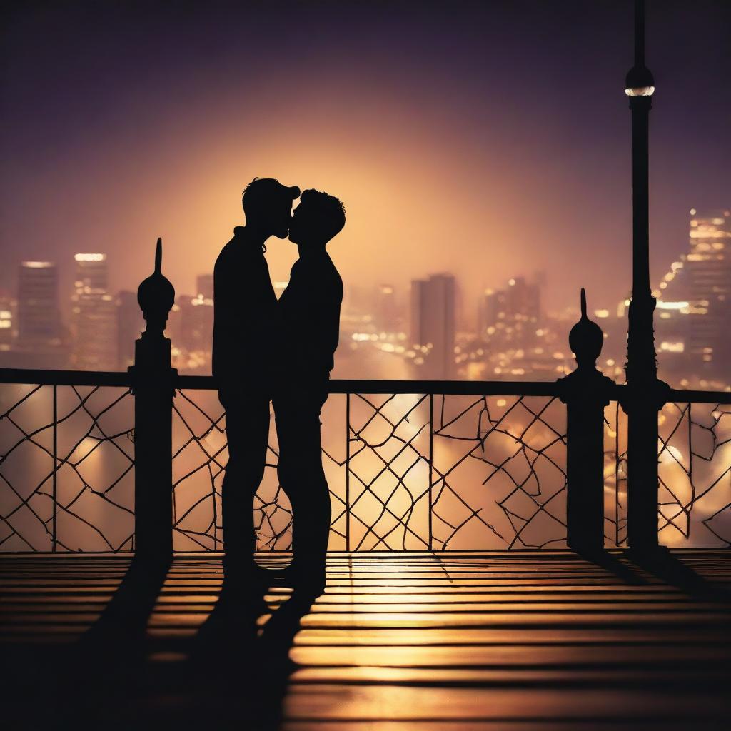 The silhouette of two young men embracing and kissing on a bridge at night