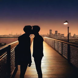 The silhouette of two young men embracing and kissing on a bridge at night