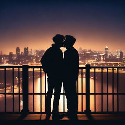 The silhouette of two young men embracing and kissing on a bridge at night