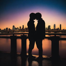 The silhouette of two young men embracing and kissing on a bridge at night